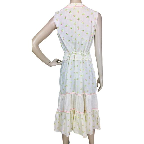 Vintage 70s White Swiss Dot Calico Floral Rose Button-Down Tiered Prairie Dress - Picture 9 of 9